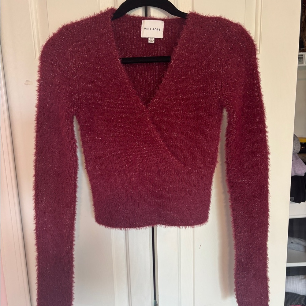 Pink Rose Women's Fuzzy Burgundy Sweater
